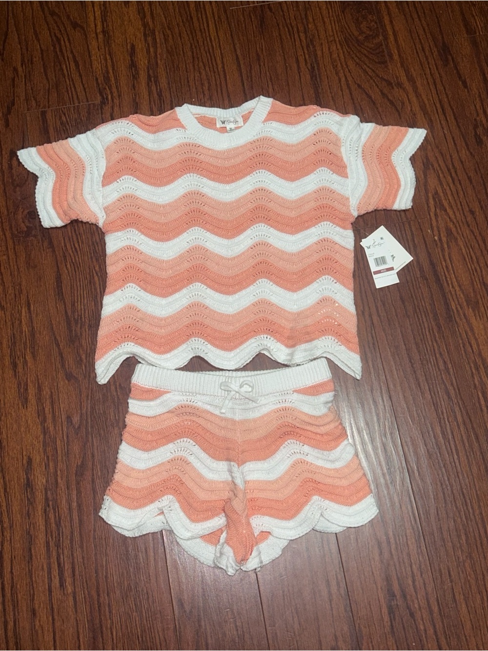 Jessica Simpson Peach & White Crochet Wave Short Set